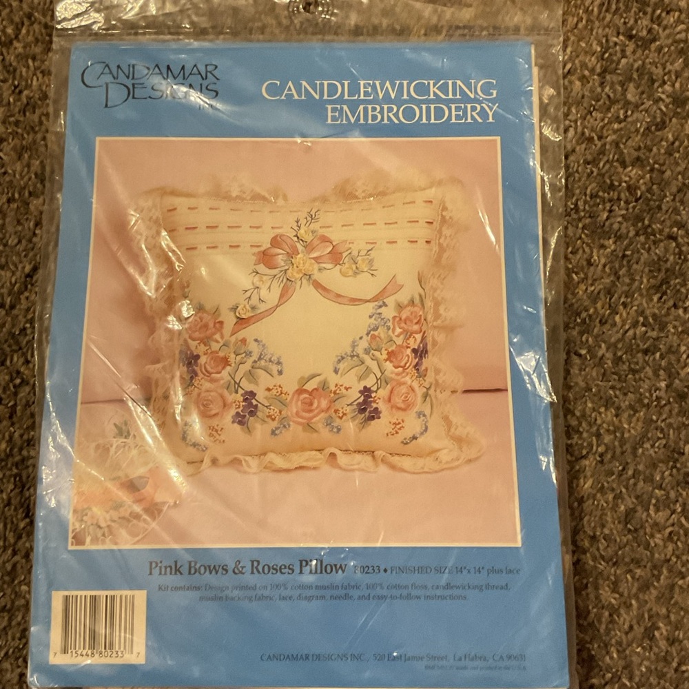 Candamar Designs Candlewicking Embroidery Pink Bows & Roses Pillow